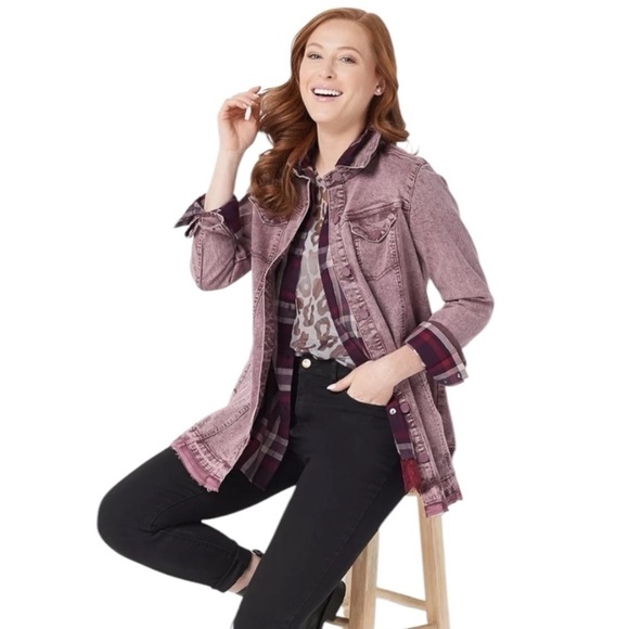 LOGO by Lori Goldstein Button Front Denim Jacket Released Hem Vintage Purple - Picture 16 of 16